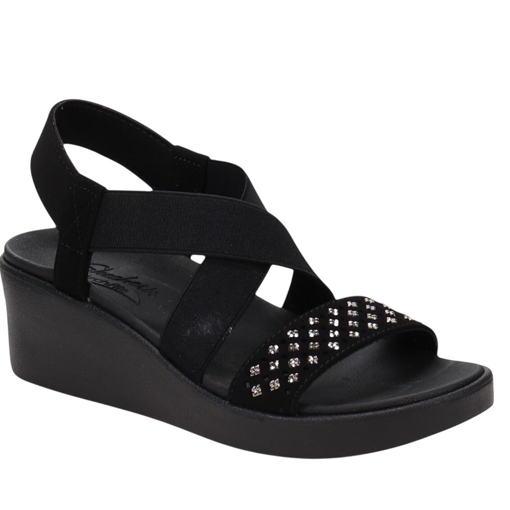 Skechers Arch Fit Black Rhinestone Stretch Rumble Wedge Sandals Women's Size 8